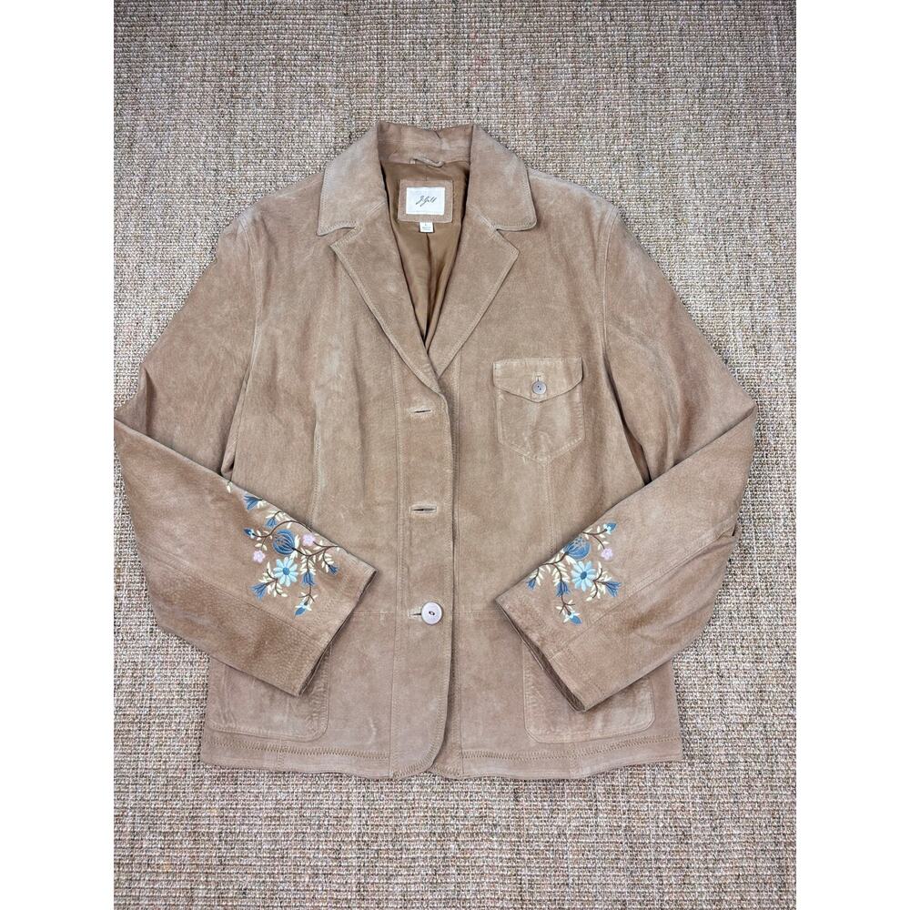 🌸🧥 J.Jill Embroidered Suede Leather Jacket | L | Taupe